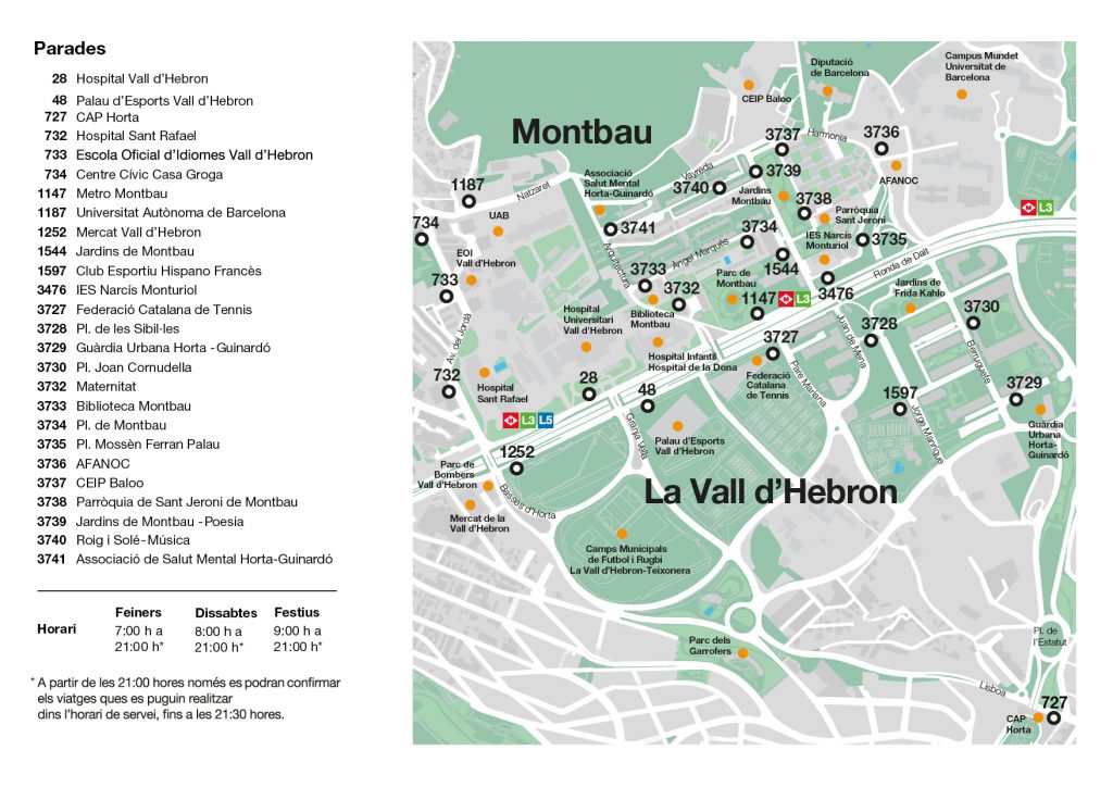 Plànol i punts de servei del bus a la demanda de Montbau i la Vall d'Hebron